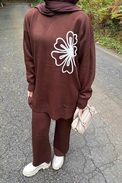 lamelif Комплект с флорални детайли, плетен, горчив кафяв