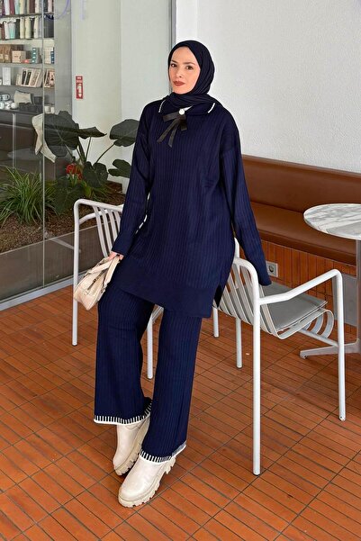 lamelif Ribbon Detailed Knitwear Set Navy Blue