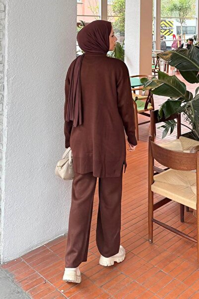 lamelif Комплект от плетени дрехи с флорални аксесоари в цвят горчив кафяв