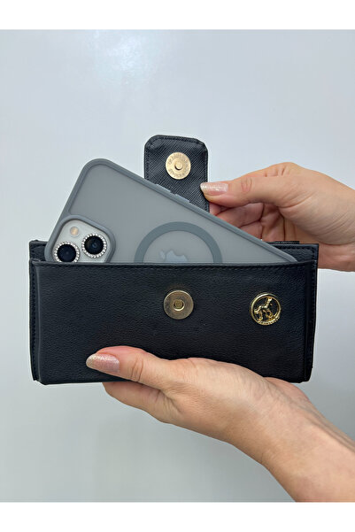 shiny ever Women's Leather Handbag Wallet with Phone Compartment Black with Gold Detail