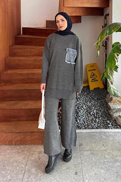 lamelif Pocket Detailed Knitwear Set Smoked