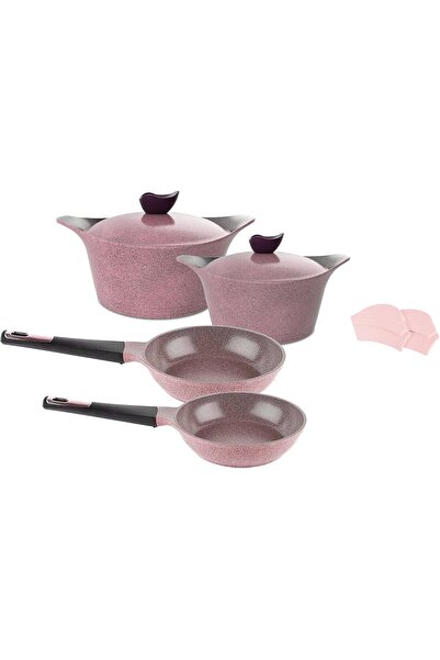 NEOFLAM Aeni Cooking Set, 8-Piece (22-28 cm Pots, 22 cm Fry Pan, 26 cm Wok) - Pink Marble