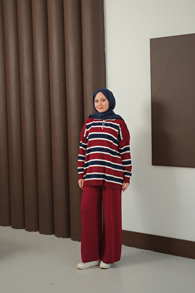 LOCCO Women's Stripe Button Detail Suit Burgundy