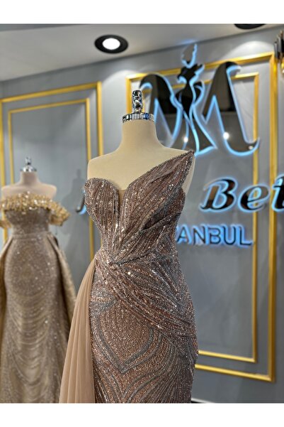 MissBetül Full Dantel Straplez Bel Tül Detaylı Abiye Nişan Elbisesi