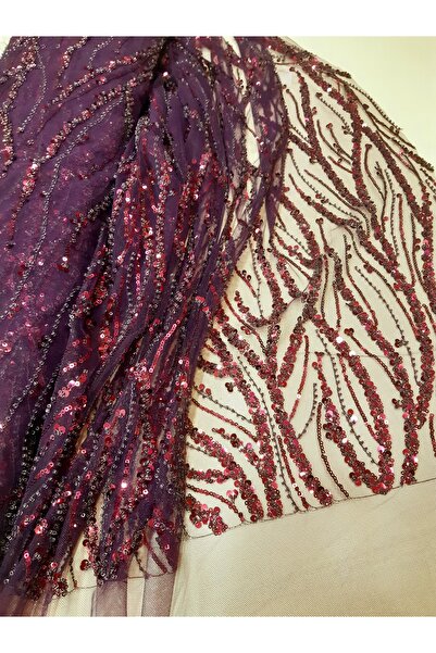 Safir Kumaş Mürdüm Rengi İşlemeli Taşlı Dantel 3 Metre