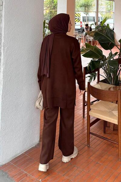 lamelif Pearl Embroidered Hijab Set Bitter Brown