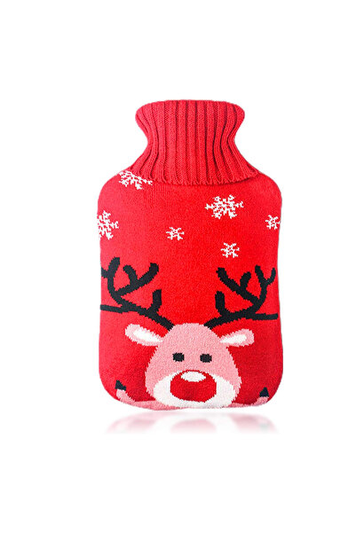 zola Pernă cu apă caldă, capacitate 2l, cauciuc, cu husă pufoasă, model cu reni roșii, roz și roșii