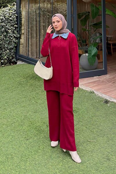 lamelif Paneled Collar Knitwear Set Claret Red