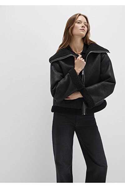 Mavi Faux Fur Detailed Black Faux Leather Coat Oversized / Wide Cut 1110718-900