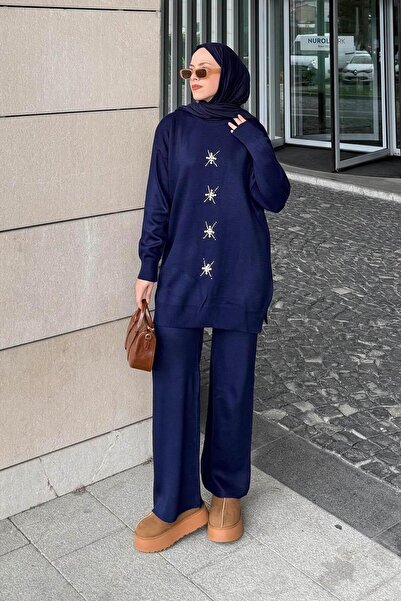 lamelif Pearl Embroidered Hijab Set Navy Blue