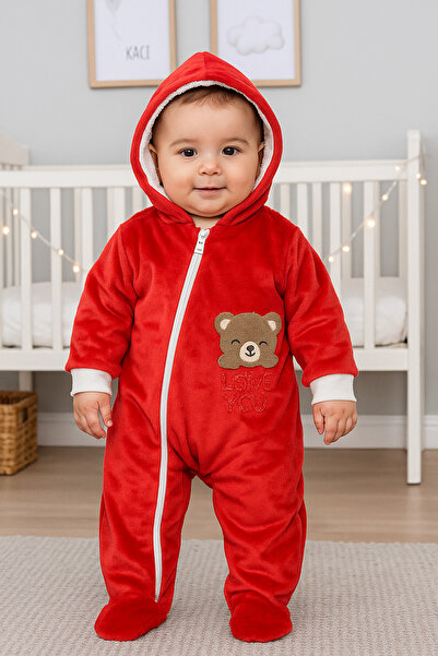 MaCGlorians Peluş Çapraz Fermuarlı Ayıcık Figürlü Kapüşonlu Tulum , Bebe Mavisi