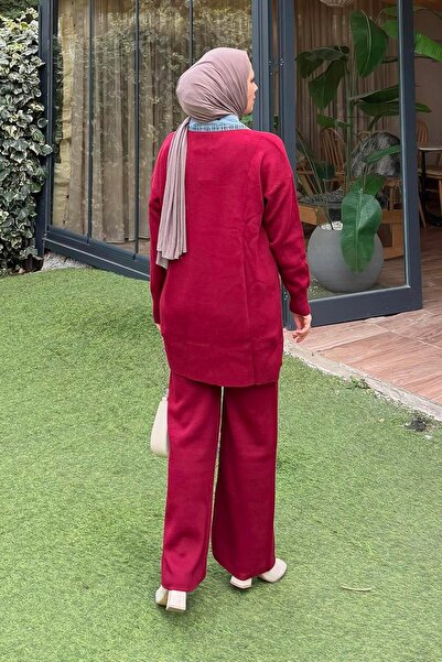 lamelif Paneled Collar Knitwear Set Claret Red