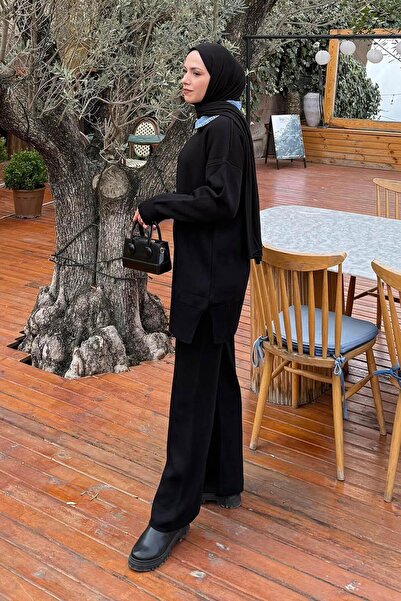 lamelif συνδυασμός υφασμάτων Σετ πλεκτό με γιακά μαύρο