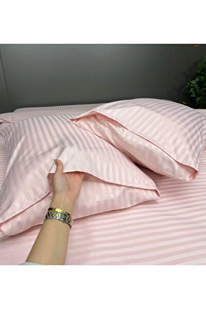 çeyizline Double Cotton Satin Striped Duvet Cover Set Powder