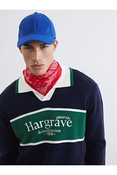 LC Waikiki Navy blue polo neck Printed men's knit sweater