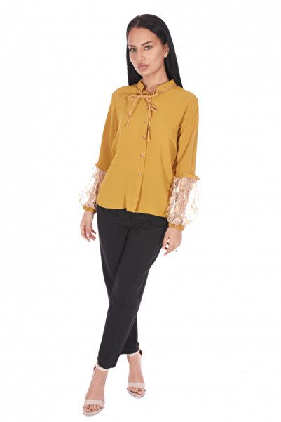 Uniquedress Casual blouse with embroidery, mustard color