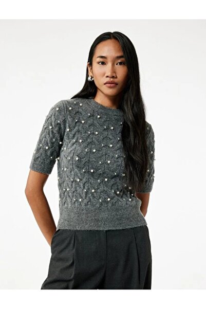 Koton Блуза с къси ръкави, детайли от перли, велосипедна яка и плитка на косата