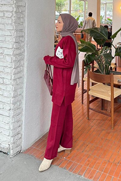 lamelif Lace Pocket Detailed Knitwear Set Burgundy