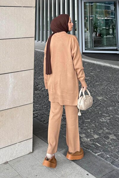 lamelif Pearl Embroidered Hijab Suit Camel