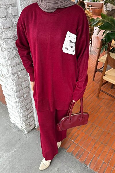 lamelif Lace Pocket Detailed Knitwear Set Burgundy