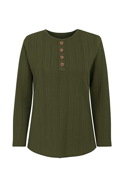 Nacar Moda Women's Stretch Fabric Winter Knitwear for Middle-Aged and Older Women Khaki Mother Combed Cotton Blouse New Season Twisted Pattern