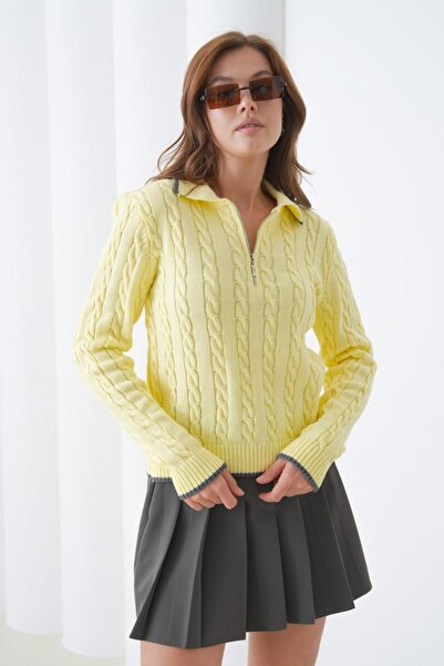 Miss Allos Women's Knitted Patterned and Zipper Detailed Collared Knitwear Sweater