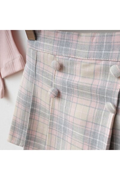 My Lusa baby wear Aybüke |   Baby Lapel Collar Corded Fabric Fabric Long Sleeve Top and Plaid Button Shorts Skirt Set - 2/3/4/5 Years Old