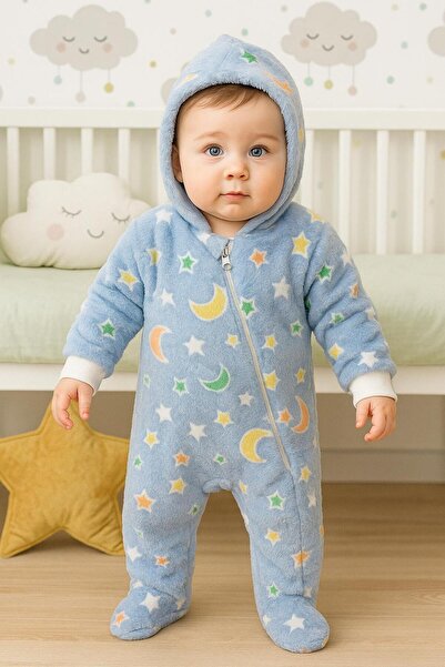 MaCGlorians Peluş Çapraz Fermuarlı Ay Yıldız Figürlü Kapüşonlu Tulum