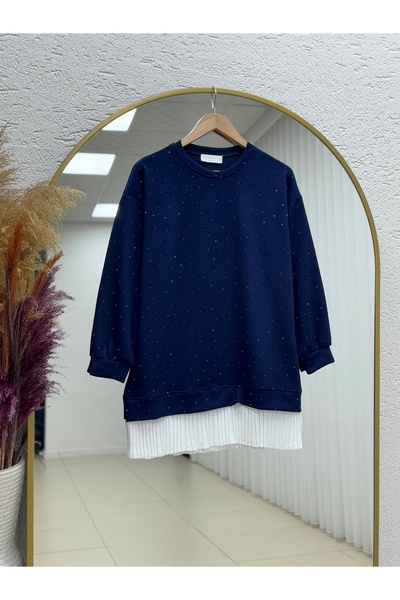 MİHRA STORE Albina Ful Stone Six Pleated Oversized Tunic-Na828 Navy Blue