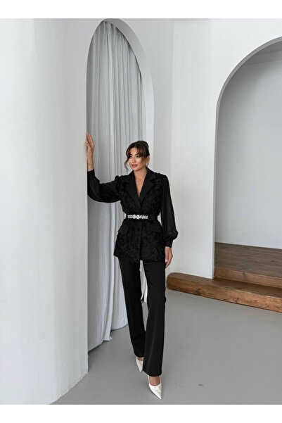 Siseniorita Women's 2-Piece Suit Embroidered Jacket with Chiffon Sleeves and Elegant Long Pants