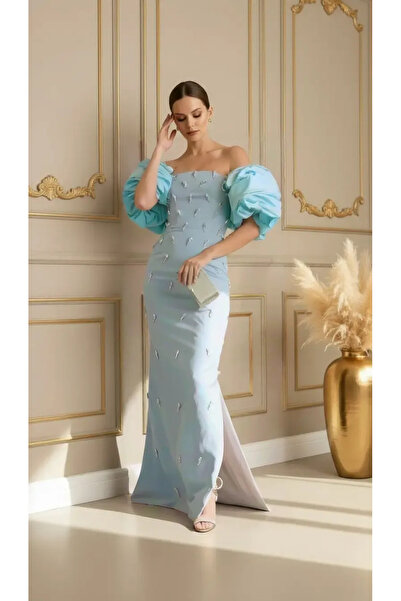 missswans Baby Blue Balloon Sleeve Length Stone Embroidered Evening Dress