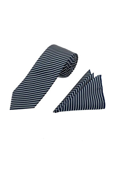 Brianze 7,5 см Синьо-біла смугаста краватка та хустинка в комплекті