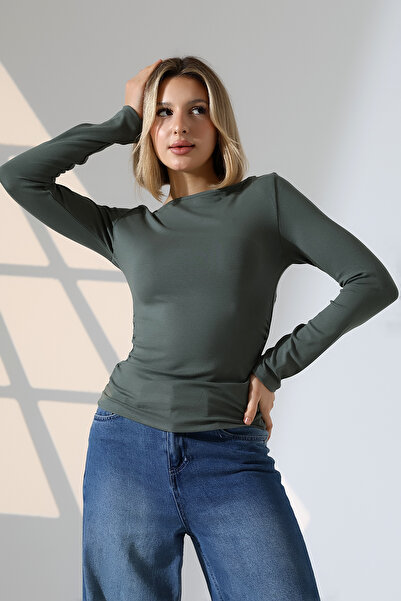 Endies Long Sleeve Boat Neck Gathered Side Bodycon Basic Women's Body T-Shirt 21951 Khaki