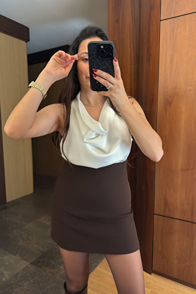 MAGARDE Degaje Yaka Premium Saten Bluz- BEYAZ