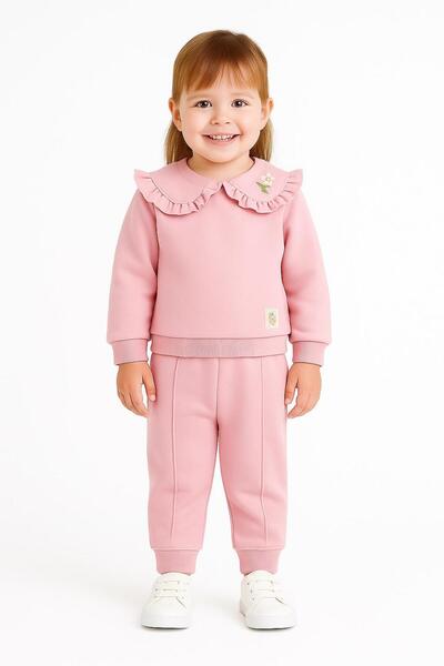 RAPAPA Girl's Ruffle Collar 3 Thread Ş Fleece-Lined Tracksuit Set – Pink 10713