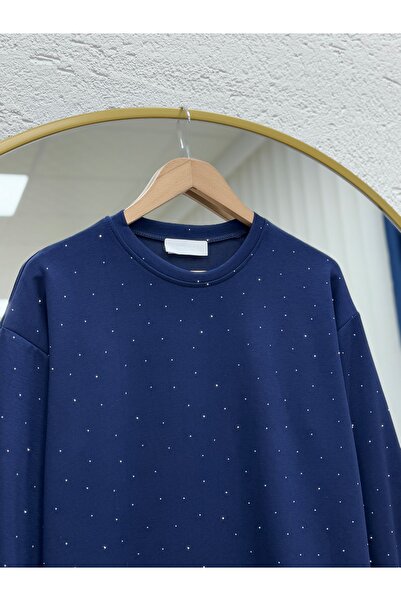 MİHRA STORE Albina Ful Stone Six Pleated Oversized Tunic-Na828 Navy Blue