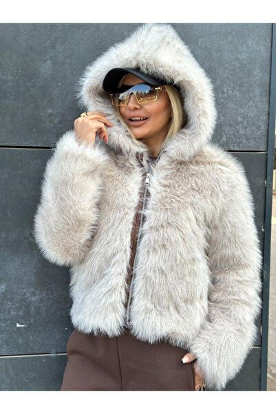 Kokoşum Butik 3992 Zippered Hooded Fur Beige