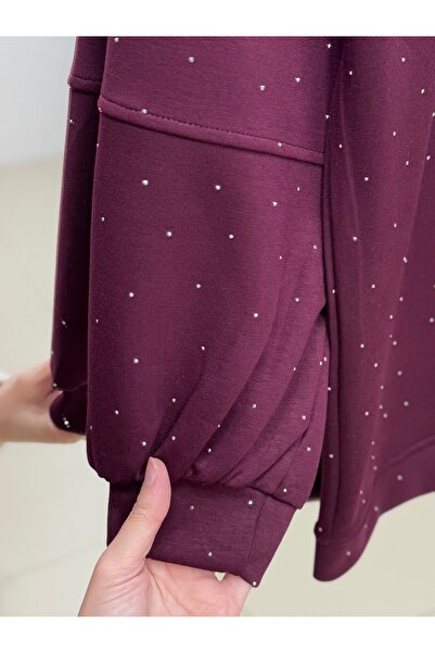 MİHRA STORE Alara Full Stone Oversized Tunic-Na829 Burgundy