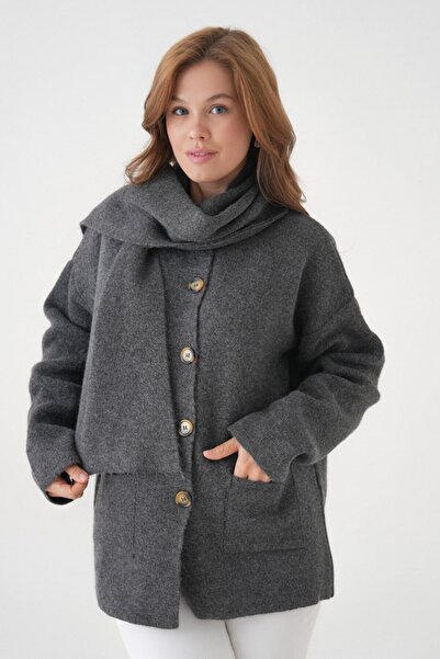 Miss Allos Women's Knitted Jacket with Buttons on the Front and Pocket Detail with Scarf