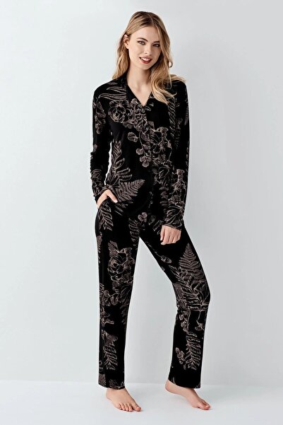 Arnetta Women's Black Cotton Front Buttoned Shirt Pants Pajama Set 3440