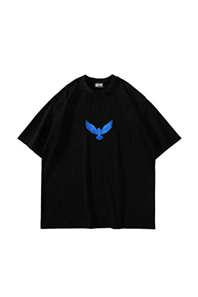 Sekizbiraltı Blue Bird Printed Oversized Unisex Black Tshirt