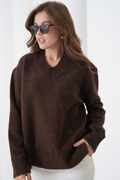 Park Karon Women's V-Neck Soft Textured Oversized Knitwear Sweater