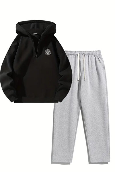 DUBU BUTİK Unisex Oversized Zippered Hooded Sweatpants Joger - California Log...