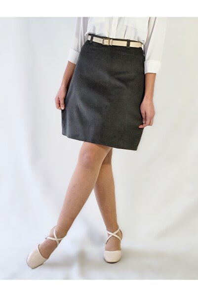 YAXİ High Waist Knee Length Khaki Velvet Twill Fabric A-Line Skirt