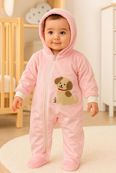 MaCGlorians Peluş Çapraz Fermuarlı Köpüş Figürlü Kapüşonlu Tulum