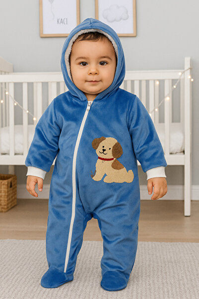 MaCGlorians Peluş Çapraz Fermuarlı Köpüş Figürlü Kapüşonlu Tulum