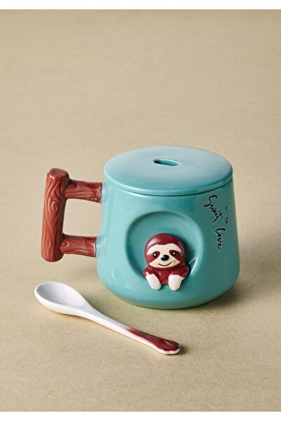 RİVO HOME DECOR Lazy Animal Mug with Lid and Spoon 370 ml