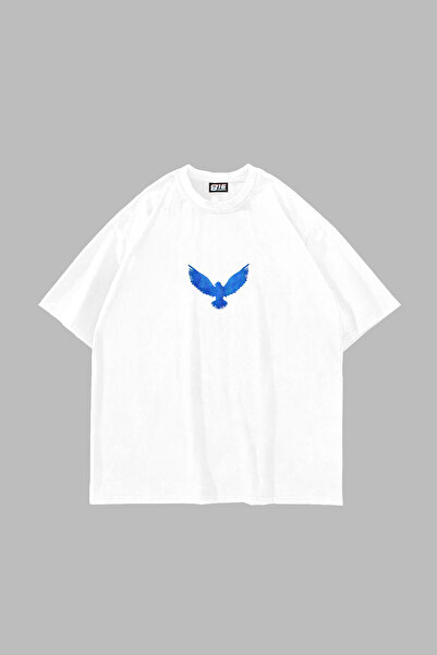 Sekizbiraltı Blue Bird Printed Oversized Unisex White Tshirt