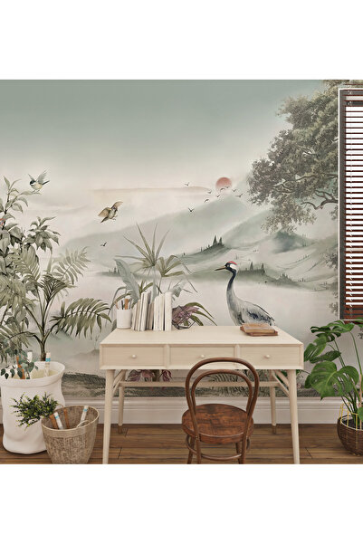 Tasarım Tropikal Yapraklar Günbatımı Kuşlar ve Doğa Duvar Kağıdı