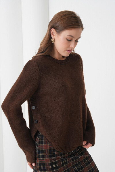 Park Karon Pulover de tricotat pentru femei guler rotund cu detaliu cu nasturi cu fantă